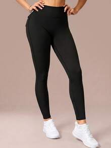 6pecil Women's Black Pocket Ruched Butt-Lifting Leggings, Suitable For Yoga Fitness, Autumn/Winter Casual Wear, High Waist Elastic Butt With Pockets Sports Casual Long Pants, Women's Sportswear - Black - View 6