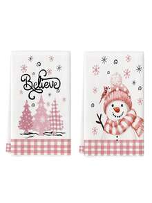 2 Pcs Pink Snowman Cardinal Bird Pink Christmas Trees Snowflakes Kitchen Towels Christmas Farmhouse Dish Towels Can Be Used In Kitchen Drying Hand Towels Tea Towels Suitable For Farmhouse Kitchen Home Indoor Dish Drying - Pink - View 6