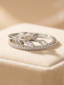 1 pieza Anillo de hoja de plata con circonita marquise y engaste pavé completo, joyería de moda inspirada en la naturaleza, adecuado para el uso diario de la mujer o compromiso - Plateado - Ver 2