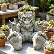 Funny Gorilla Planter Statue, Rock On Hand Gesture Resin Succulent Pot, Cute Animal Figurine Flower Pot For Outdoor Garden Home Desktop Decor - A - View 12