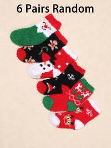 6 Pairs Random Kids Christmas Half-Fleece Mid-Calf Socks, Multiple Cartoon Snowman & Reindeer Patterns, Thickened Warm Soft Skin-Friendly Winter Home Sleep Socks For Boys & Girls - Multicolor - View 5