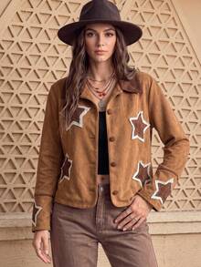 Bohemian Vintage Suede Star Patchwork Lace Design Casual Holiday Festival Jacket - Brown - View 4