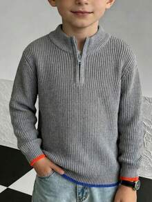 Sweater Rajut Pullover Setengah Resleting Gaya Preppy untuk Anak Laki-laki, Cocok untuk Pakaian Sekolah Sehari-hari di Musim Semi, Gugur, dan Dingin - Grey - View 1