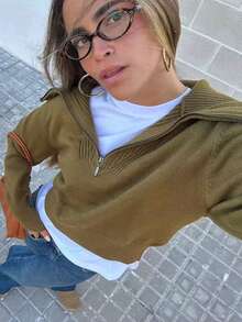 Women's New Autumn/Winter Polo Collar Knitted Sweater, Casual Daily, College Style, Commuting - Green Camel - View 4