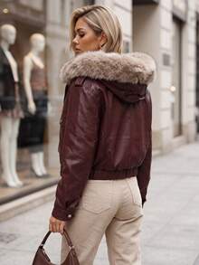 Women's Short Artificial Leather Jacket With Artificial Fur Hood, Zip Closure, Side Pockets - Burgundy - View 3