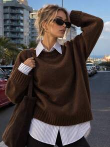 New Women's Square Round Neck Brown Ribbed Collar Pullover Knit Sweater, Casual Everyday Versatile - Brown - View 2