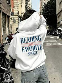Unisex Oversized Hoodie: 'Reading Is My Favorite Sport' Blue & Red Back Print, Breathable Casual Pullover For Youth, Spring Autumn Daily Wear - White - View 3