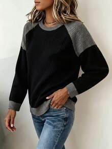 Women's Plus Size Patchwork Textured Knit Top, Raglan Round Neck Loose Casual Versatile Long Sleeve Sweatshirt, Autumn/Winter - Black - View 3