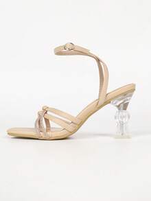 Women's Square Toe Crystal High Heel Sandals With Rhinestone Strap, Open Toe, Summer Autumn, Minimalist Basic Style, Metal Buckle - Apricot - View 2