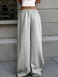 Casual Cable Knit Wide Leg Pants Women Drawstring Low Waist Lounge Trousers Preppy Y2K Fall Winter - Light Grey - View 3