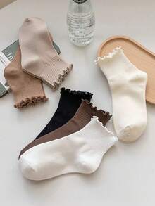 1/6 Pairs Random Color Women Ruffle Frill Ribbed Crew Socks, Soft Comfort Socks For Fall Winter Halloween Accessories And Casual Wear - Multicolor - View 5