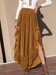 Women's Vintage Bohemian Style Velvet Ruffle Hem Split Wide Leg Long Pants - Yellow - View 6