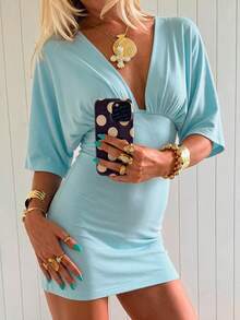 Women's Elegant Elegant Vacation Minimalist Batwing Sleeve Dress - Light Blue - View 3