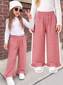 Young Girls' Casual Comfortable Loose Plaid Pants, Ruffle Design, Casual And Cute, Suitable For Picnics, Street Style, And Back-To-School Outfits - Multicolor - View 1