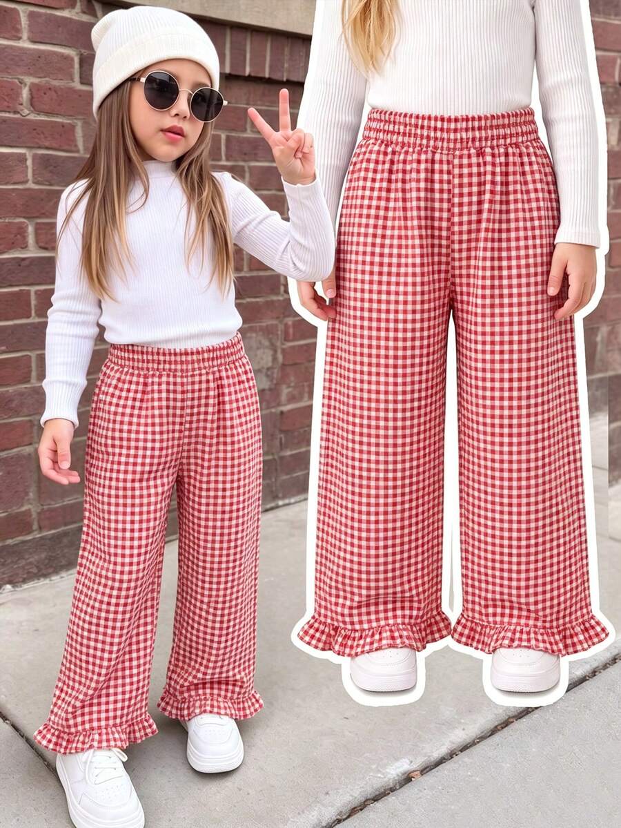 Young Girls' Casual Comfortable Loose Plaid Pants, Ruffle Design, Casual And Cute, Suitable For Picnics, Street Style, And Back-To-School Outfits - Multicolor - View 1