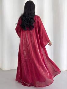 女款保守長版 Abaya 開襟長洋裝，亮線裝飾，紅色秋季款 - 紅色 - 查看 6