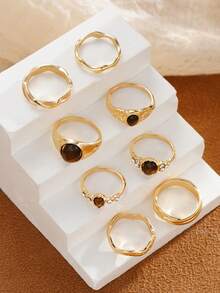 8pcs Vintage Elegant Old Money Style Tiger Eye Stone Teardrop Rhinestone Stacked Ring Set For Women, Suitable For Daily Wear, Party, Date, Evening Banquet, Perfect Gift Choice - Brown - View 4