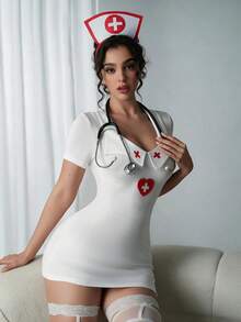 Women's Sweet Sexy Nurse Cosplay Uniform Dress With Hollow Back And Bow, Role Play Costume For Streamers - White - View 3