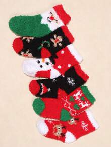 6 Pairs Random Kids Christmas Half-Fleece Mid-Calf Socks, Multiple Cartoon Snowman & Reindeer Patterns, Thickened Warm Soft Skin-Friendly Winter Home Sleep Socks For Boys & Girls - Multicolor - View 2