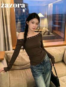 Rivet Asymmetrical Shoulder Loose Long Sleeve Knit T-Shirt Base Layer Top Early Autumn - Brown - View 4