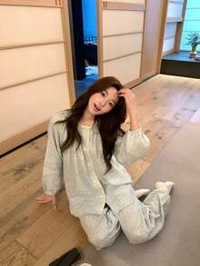 Women Pajama Sets - [Blue-green] Floral Print -- Long Sleeve & Long Pants - View 2