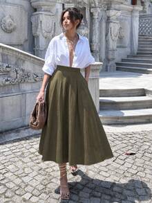 Women's Solid White Versatile Skirt, Spring/Summer Casual Style, Suitable For Dating, Outings, Vacations, Graduation Ceremonies And Back To School - Army Green - View 1
