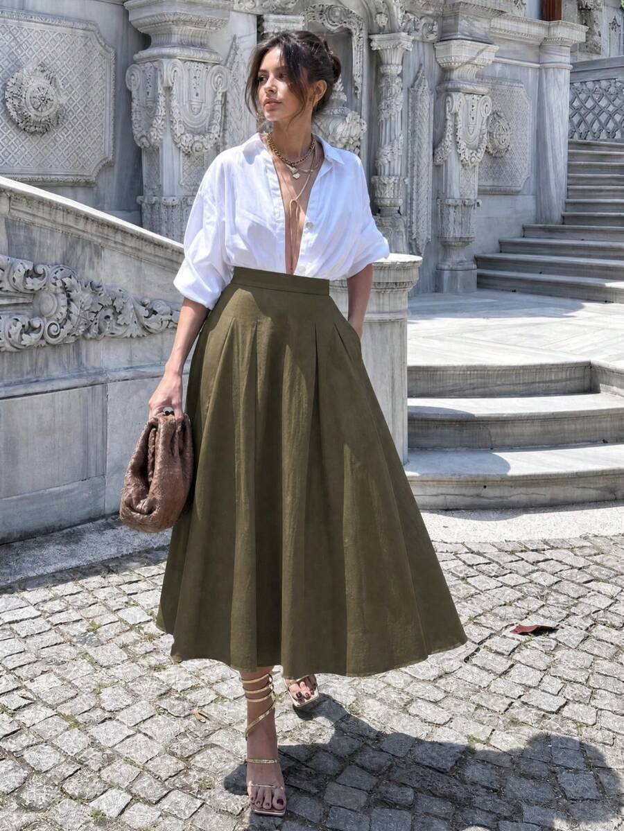 Women's Solid White Versatile Skirt, Spring/Summer Casual Style, Suitable For Dating, Outings, Vacations, Graduation Ceremonies And Back To School - Army Green - View 1