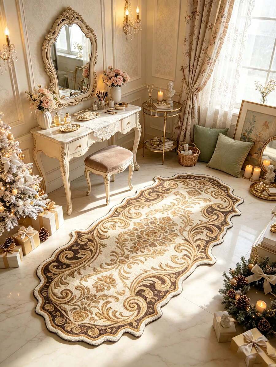 1pc Gold Floral Pattern Floor Mat, Bathroom Mat, Bathroom Carpet, Door Mat, Small Rug, Carpet, Floor Mat, Home Decor, Area Rug, Outdoor Mat, Home Decor, Area Carpet, Bedroom Carpet, Washable Carpet - Multicolor - View 1