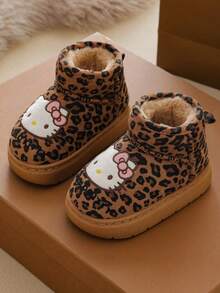 Hello Kitty Girls' Leopard Print KT Plush Boots, Autumn/Winter Thick Thermal Lined Soft Sole Warm Cute Snow Boots - Brown - View 1