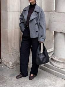 Women's Fashion Gray Short Coat, Lapel Design, Long Raglan Sleeves, Regular Fit, Winter Fashion Outerwear - Grey - View 1