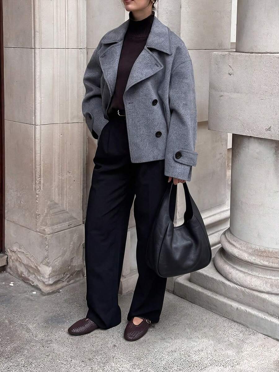 Women's Fashion Gray Short Coat, Lapel Design, Long Raglan Sleeves, Regular Fit, Winter Fashion Outerwear - Grey - View 1