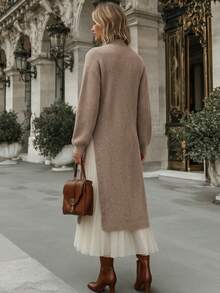 Women's New Autumn Round Neck Long Sleeve Off-Shoulder Knit Dress For Daily Wear, Travel And Vacation - Brown - View 6
