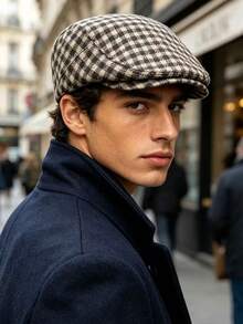 OBOVAY 1pc Men's Wool Plaid Newsboy Cap, Autumn New Vintage Artistic Flat Cap, Suitable For Daily Streetwear - Multicolor - View 2