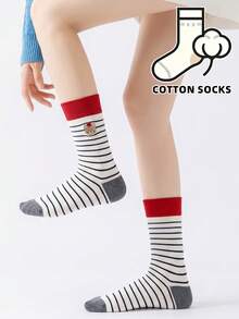 1 Pair Cute Cartoon Bear Embroidered Round Mouth Socks, Striped Print Contrast Color Cuff And Toe, Soft Cotton Women's Socks - Multicolor - View 6