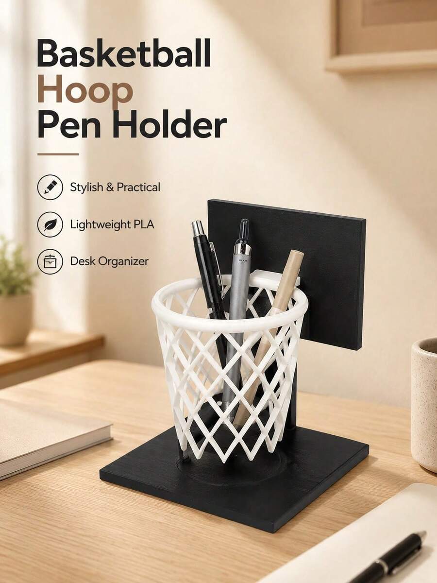 1pc Basketball Hoop Shaped Pen Holder, Creative PLA Desk Organizer With Mini Basketball Backboard & Net Design, Fun Decorative Pencil Cup For Pens, Pencils & Office Supplies, Unique Desk Decor Gift For Basketball Fans, Students And Sports Lovers - Multicolor - View 1