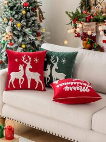1pc 3D Embroidered Velvet Deer & Tree Pillow Case, Without Pillow Insert, Christmas Theme, All Season Decorative Cushion Cover, Suitable For Living Room, Bedroom, Machine Washable - Red Cloth Reindeer - View 8