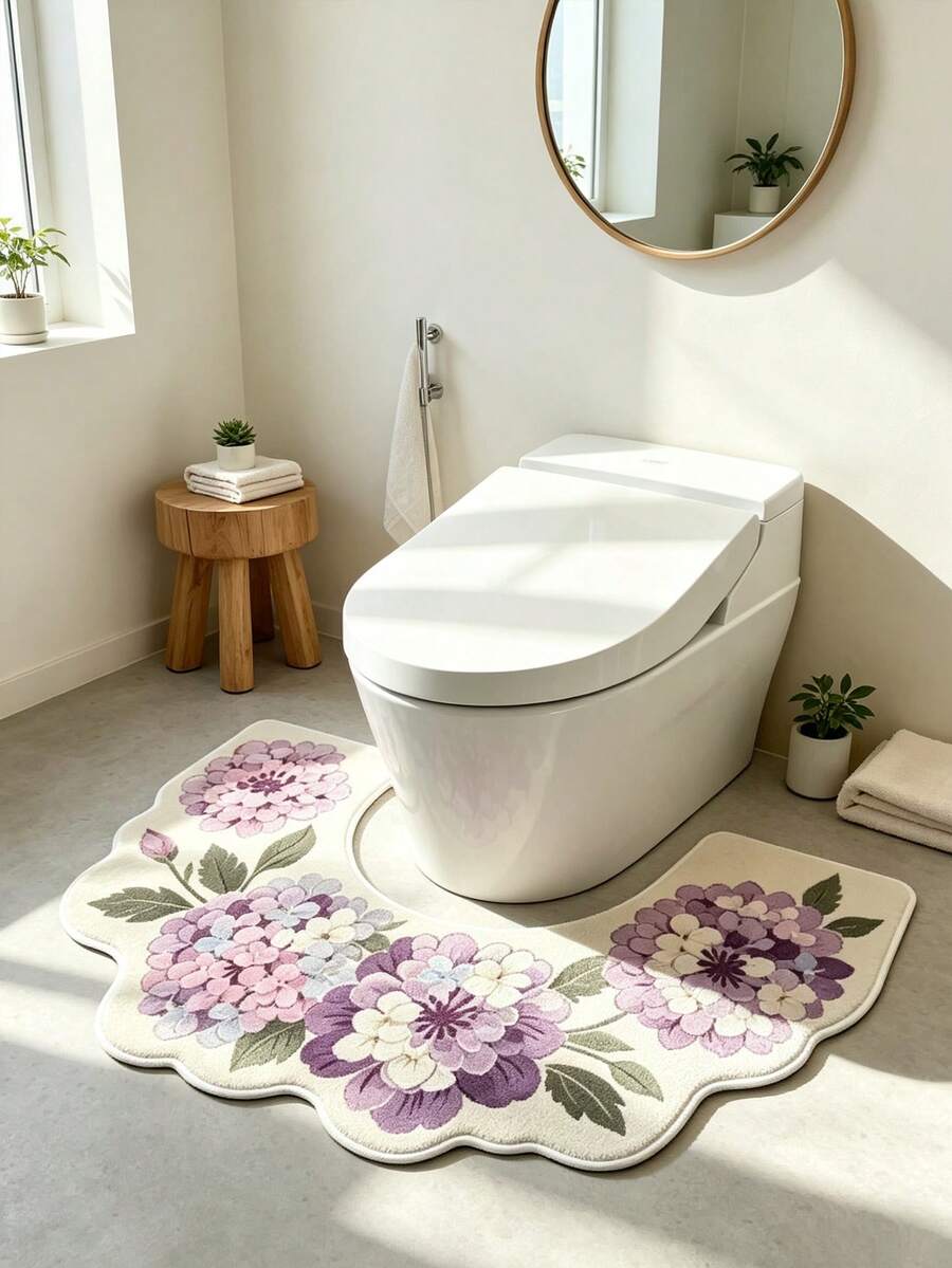 Fresh Vintage Floral U-Shaped Toilet Mat, Bathroom Anti-Slip Plush Soft Carpet, Home Country Style Washable Non-Slip Bathroom Rug - Multicolor - View 1