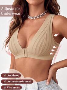 3 Pcs Striped Mesh Front Hook Wireless Bra, Deep V Wide Strap Comfort Push Up Soft Breathable Daily Lingerie Set,Size Runs Large - Multicolor - View 3