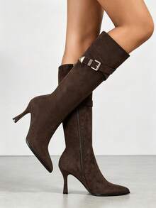 女款春夏/秋冬新款百搭膝高靴，高跟顯腿纖細，彈性棕色麂皮，尖頭保暖內裡，細高跟，優雅性感 - 咖啡棕 - 查看 4