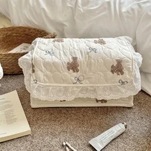 可愛熊愛心絎縫化妝包，蕾絲荷葉邊裝飾柔軟化妝收納袋，居家收納盒，收納籃，內衣收納籃，臥室/旅行 - 米色 - 查看 13