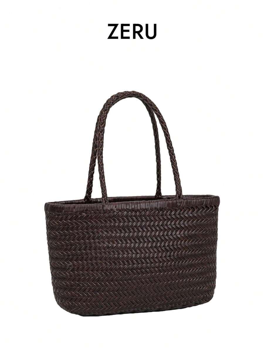 Handmade Woven Tote Bag, Vintage Minimalist Large Capacity Handbag, Versatile Everyday Commute Shopping Bag - Coffee - View 1
