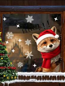 1PC Christmas Glass Sticker, With Snowflake, Red Hat And Scarf Fox Print Pattern, Reusable Removable Xmas Window Decals For Holiday Home Decor, Christmas Decoration, Mirror Decoration - Multicolor - View 6