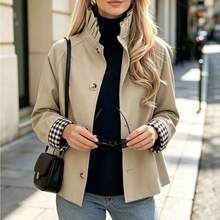 Autumn Casual Commute Pleated Stand Collar Jacket - Khaki - View 10