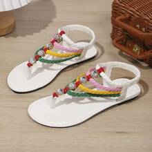 Sandal Datar Roman Tenun Bohemian Musim Panas Wanita dengan Hiasan Berlian Imitasi, Sepatu Serbaguna Gaya Liburan Kasual - Putih - View 8