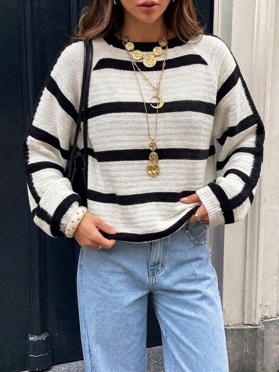 Women's Casual Striped Knit Crew Neck Long Sleeve Sweater, Versatile Fashion Knitwear For Spring & Autumn