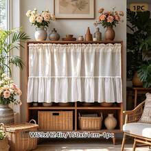 1pc French Cream Style White Pom Pom Trim Patchwork Short Curtain, Kitchen Window Atmosphere Cafe Curtain, Top Rod Pocket - Beige - View 9