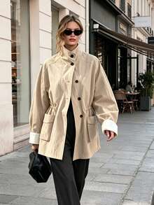 Women's Relaxed Fit Stand Collar Trench Coat, New Slimming Waist, Dropped Shoulder, Patchwork Cuffs, Loose Pockets, Versatile Workwear Commuter Thin Jacket, Early Autumn Spring - Apricot - View 1