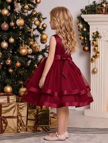Young Girls Bow Mesh Satin Puff Princess Elegant Luxurious Dress Suitable For Party, Headband Not Included - Burgundy - View 2