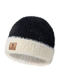 CAMEL CROWN Outdoor Faux Fur Knit Beanie, Colorblock Knit Hat For Autumn/Winter, Warm And Windproof Ear Protection, Large Size Wool Hat - Black/White - View 2