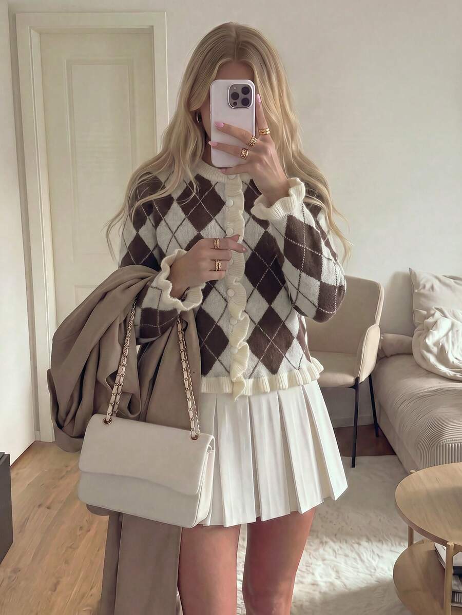 Women's Casual Brown And White Color Block Sweater, Autumn/Winter Style, Argyle Pattern Design With Ruffle Hem, Suitable For Outdoor Wear